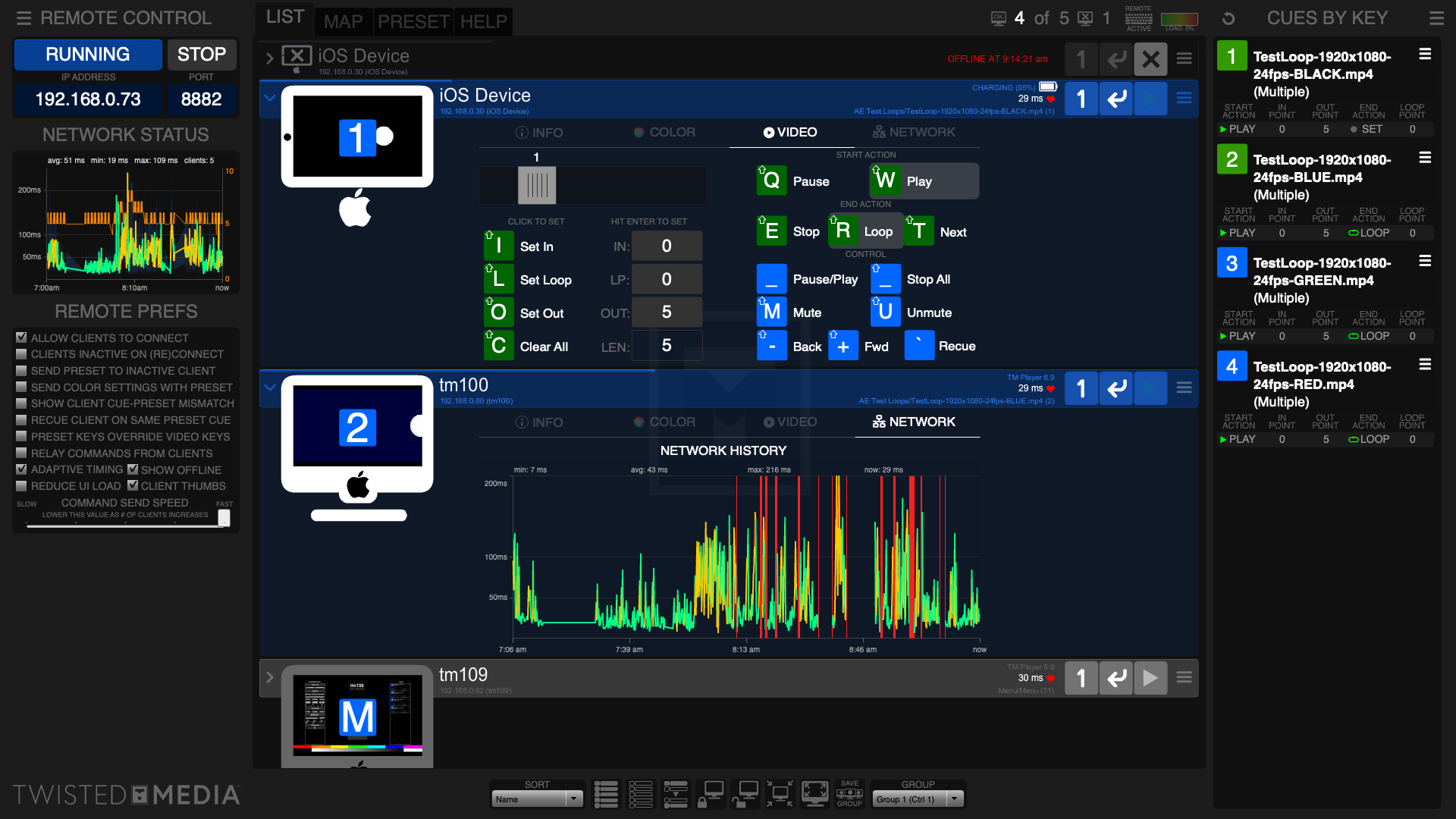TM Remote Control LIST view: per-client video, color and network controls