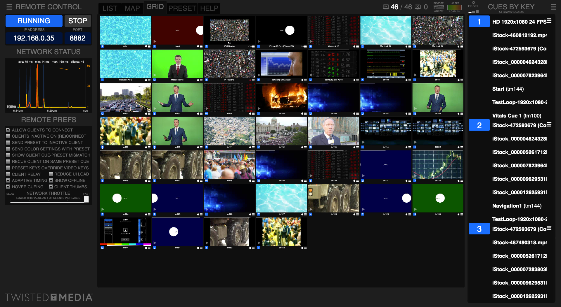 TM Remote Control GRID view: 46 live client thumbnails alongside the cue list